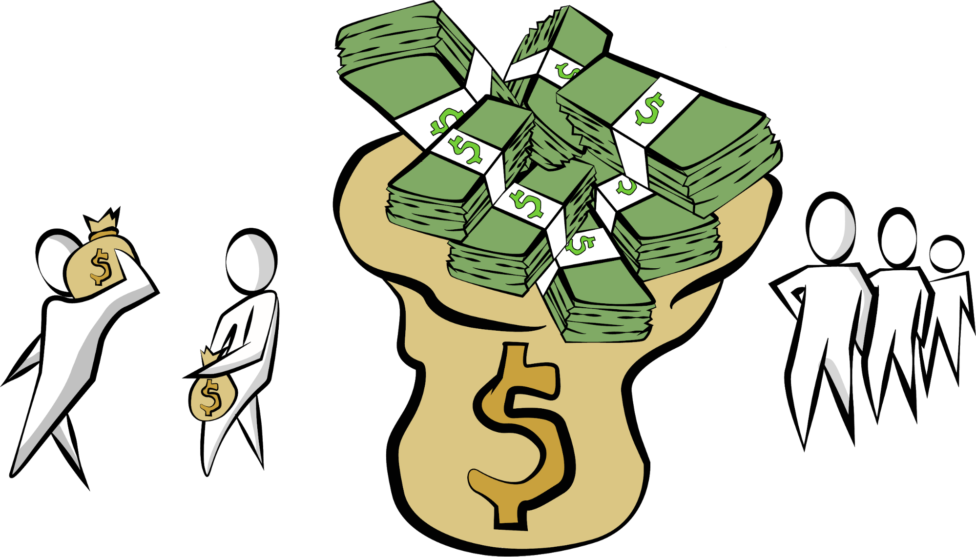 A giant size of money bag with each person carrying a small bag of money