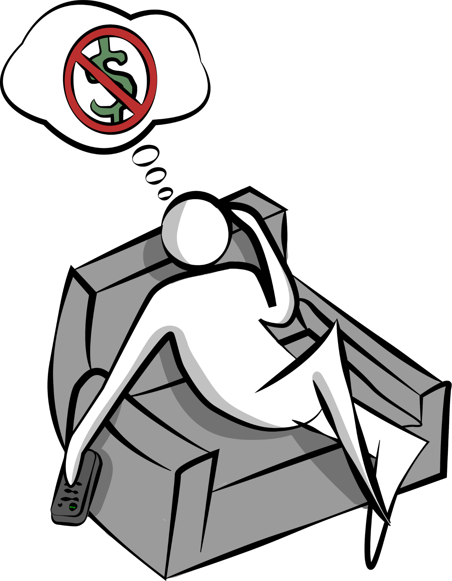 A person sitting at the couch thinking that he has zero cost