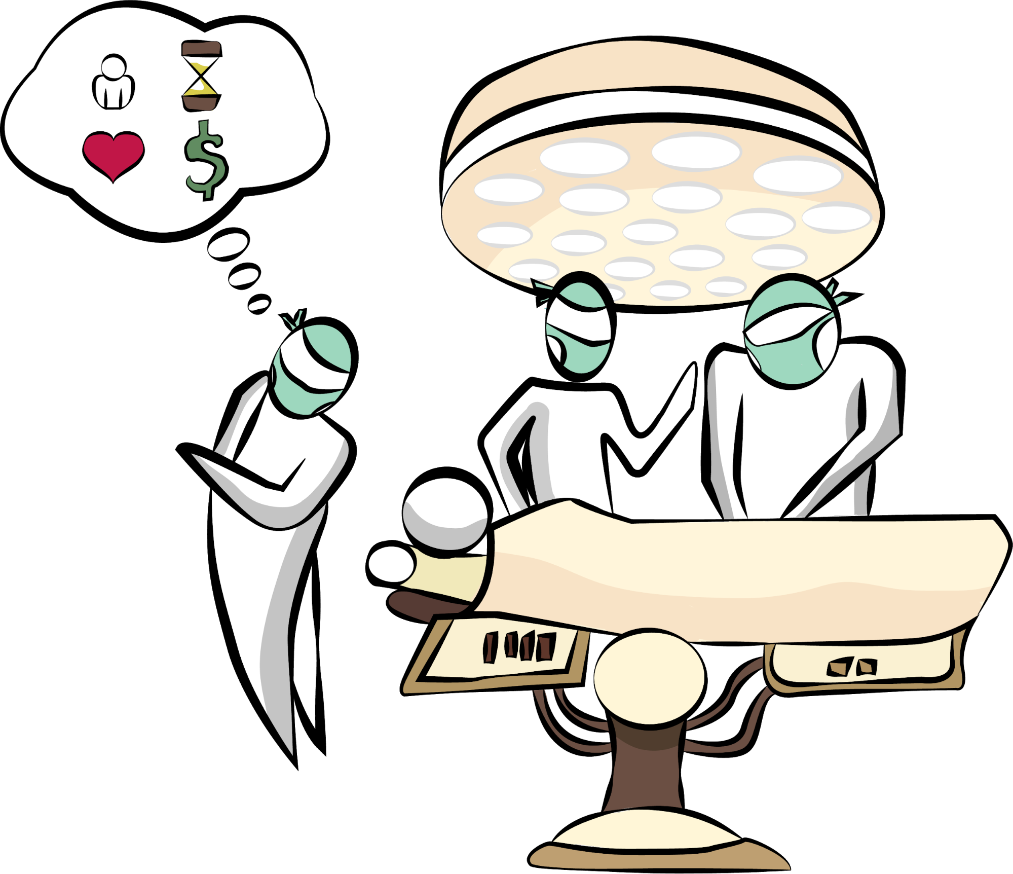 A bunch of doctors performing surgery on one side and a doctor facing the other direction thinking about something else