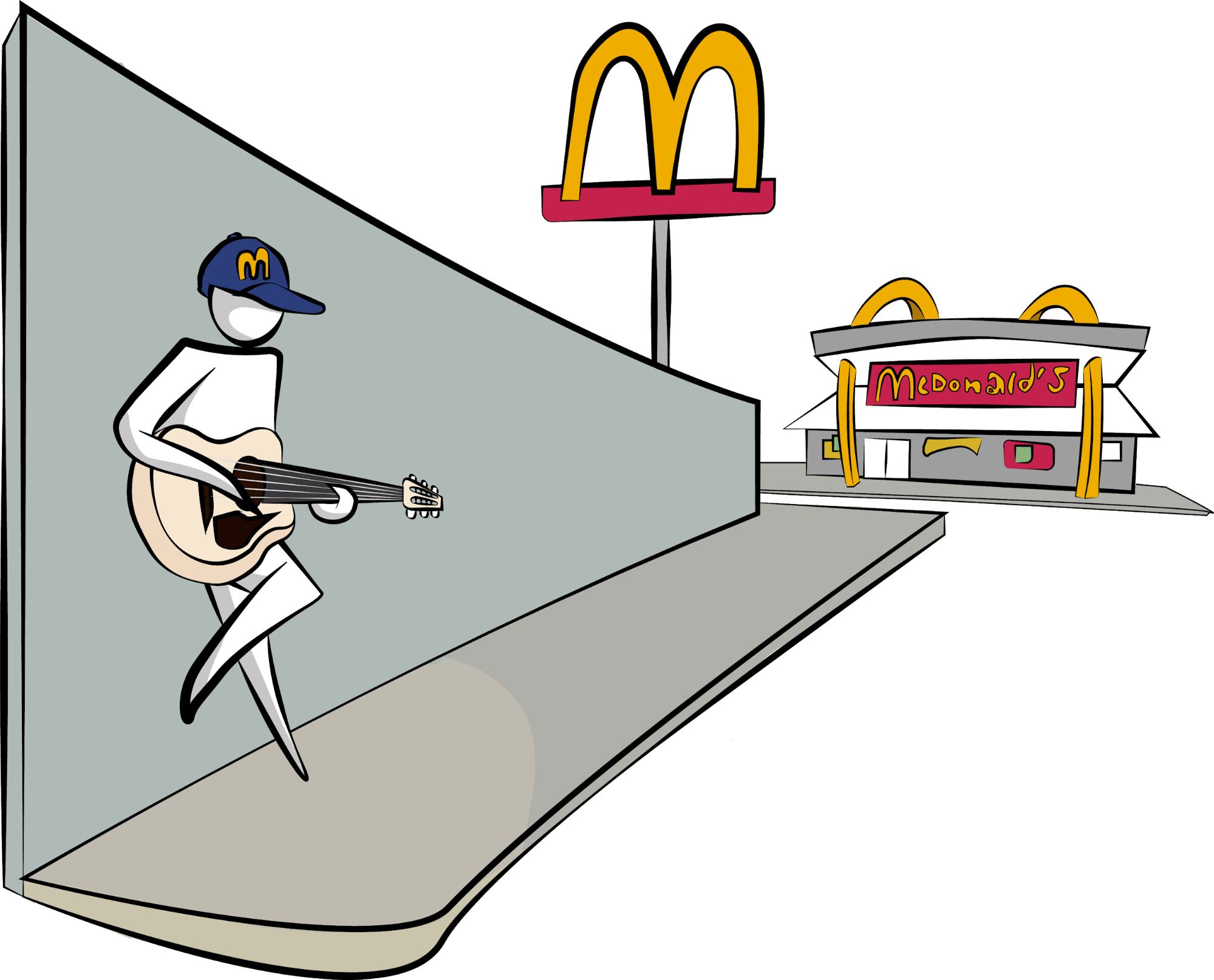 A person playing a guitar on a street corner across McDonald's
