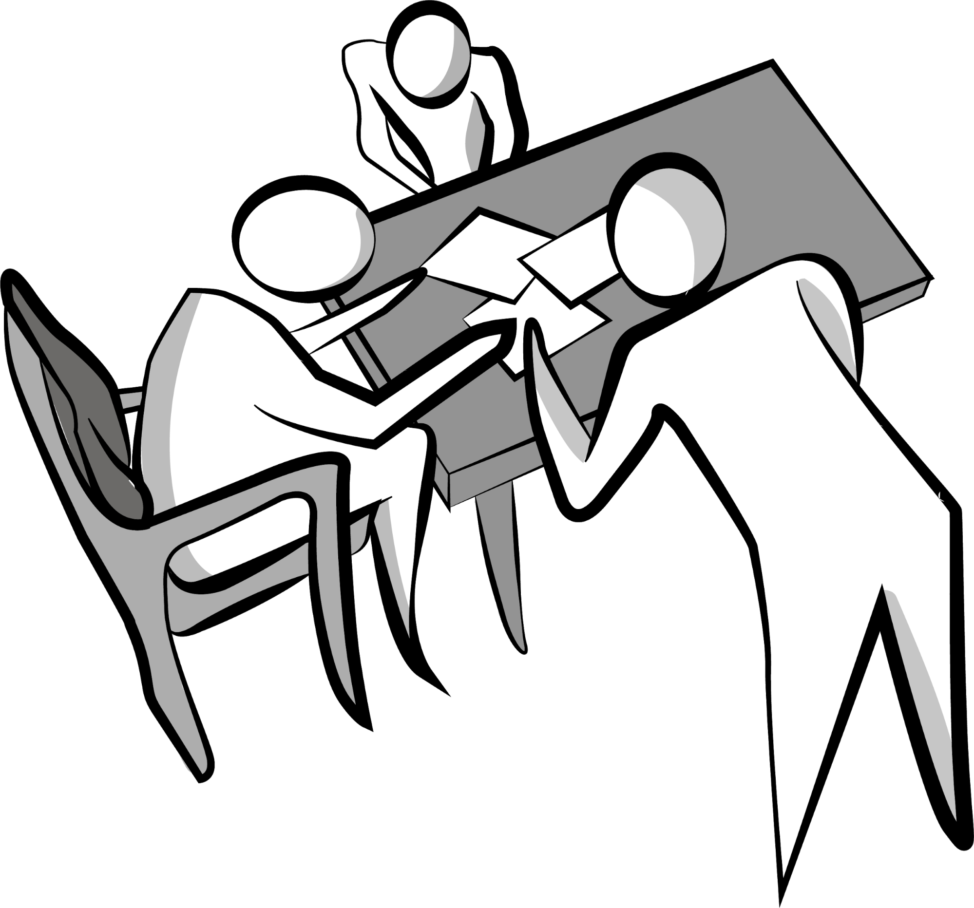 Three people gathering at the desk