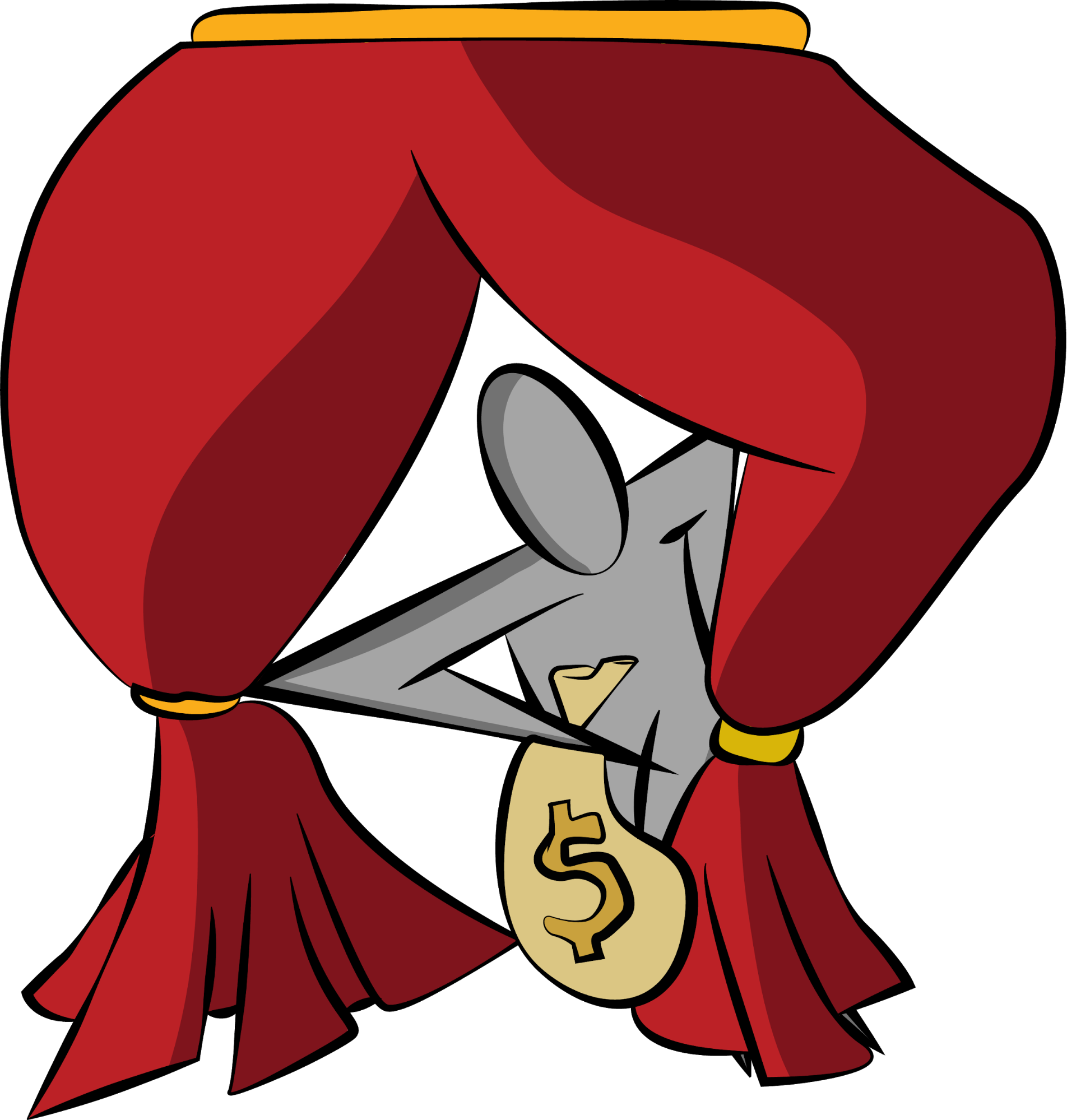 A hidden investor appears from a curtain holding a bag of money