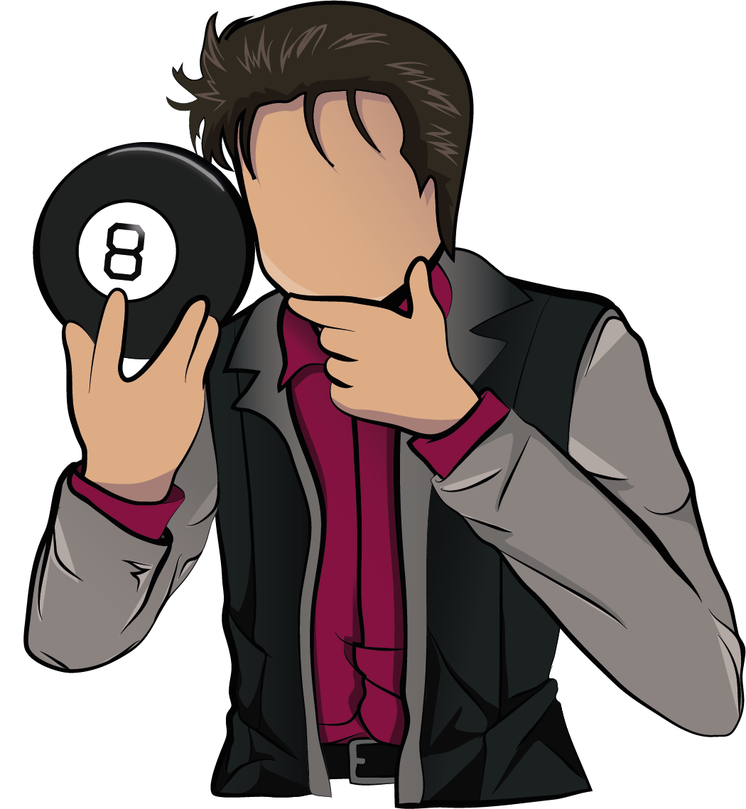 A man looking at an 8 ball