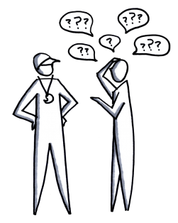 Coach with whistle helping a very confused person, intent based leadership