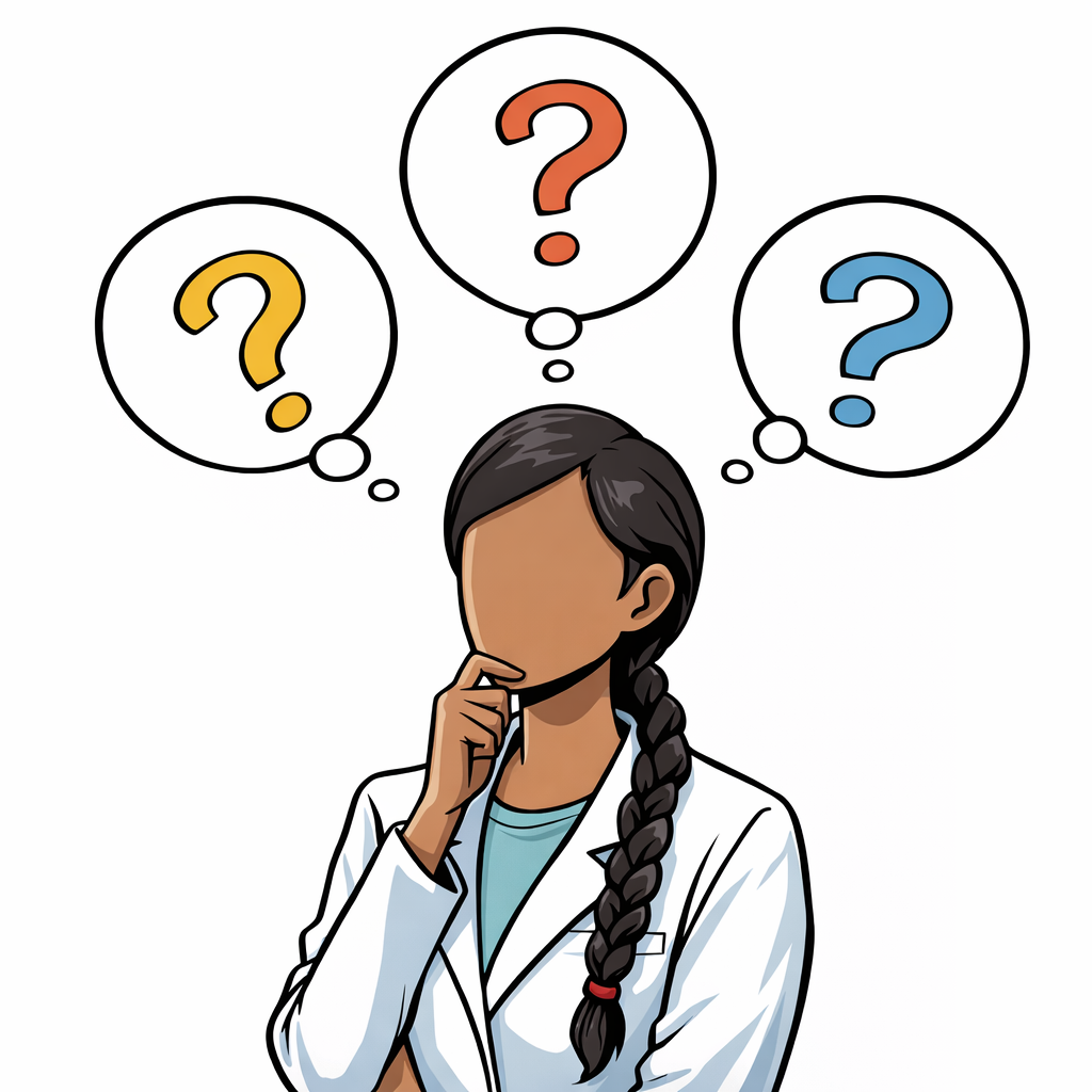 A South Asian researcher in a lab coat looks thoughtful, with three thought bubbles above her head, each containing a large question mark