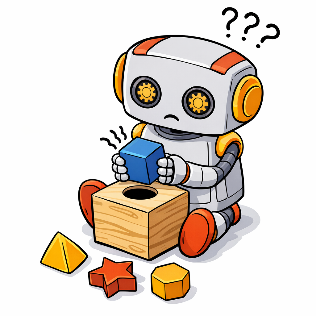 The cute Kromatic robot sits on the floor trying to fit a blue square block into the round hole of a wooden shape-sorter toy, with a yellow triangle, red star, and orange hexagon lying nearby