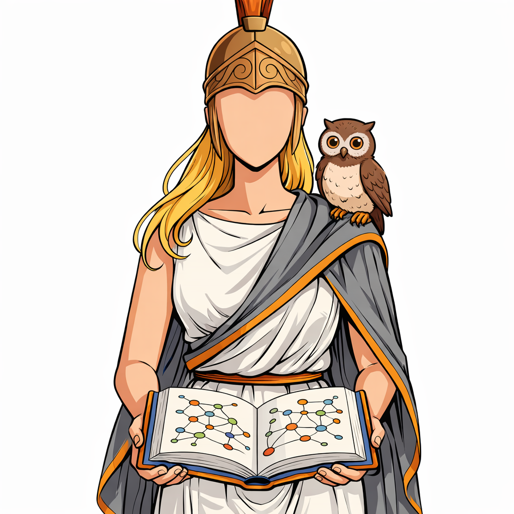 Athena, a figure in a Greek helmet with a brown owl on her shoulder, holds an open book showing an interlinked knowledge graph