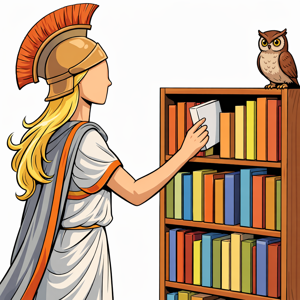 Athena slides a book into a full wooden bookshelf while her brown owl watches from the top