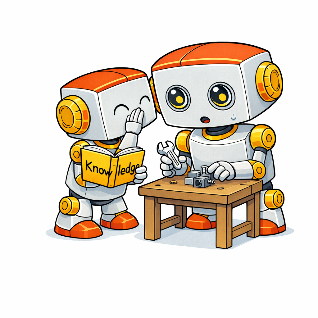 One cute Kromatic robot holding a book labeled Knowledge whispers into the ear of another Kromatic robot working at a small workbench