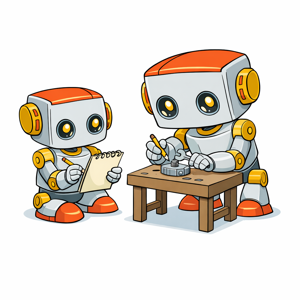 One cute Kromatic robot takes notes on a clipboard while another Kromatic robot works on a gadget at a small workbench