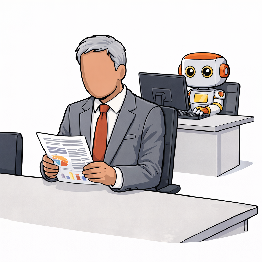 A senior executive reads a printed report at a conference table, unaware of the Kromatic robot working at a computer behind him