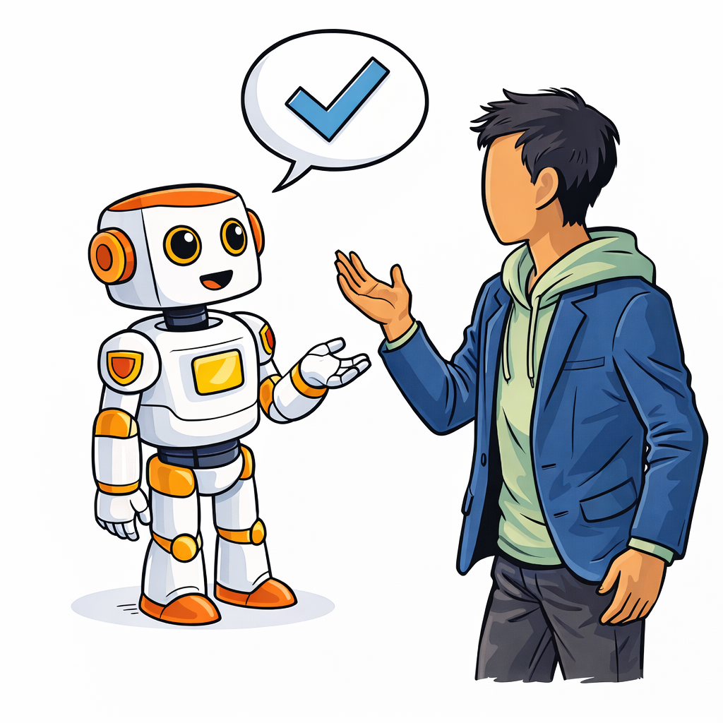 A young man asks the Kromatic robot a question and accepts the single answer without question, already turning away
