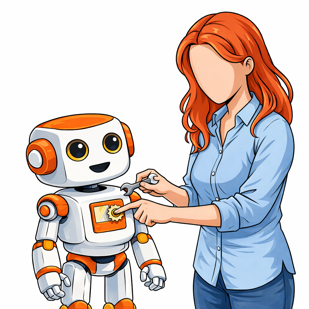 A woman holds a wrench, trying to adjust a dial on the Kromatic robot's chest panel