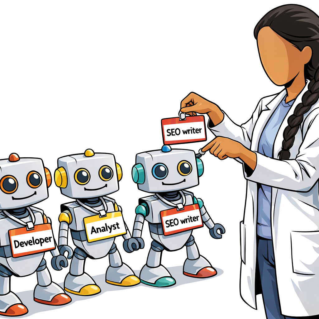 A woman in a lab coat hangs nametags on a row of Kromatic robots labeled Developer, Analyst, and SEO Writer