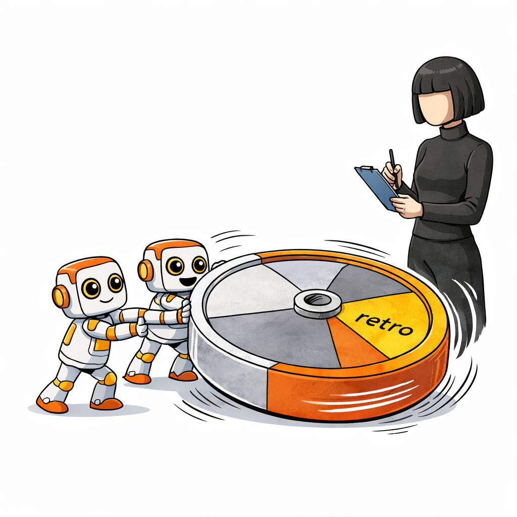 A woman stands beside a large flywheel pushed by Kromatic robots, writing notes on a segment labeled retro