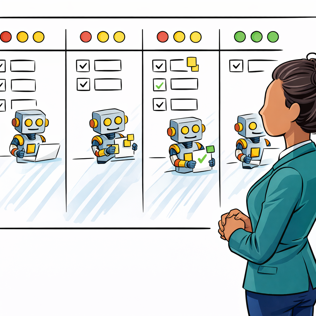 A woman observes a control board showing parallel lanes of work, with small Kromatic robots working independently in each lane