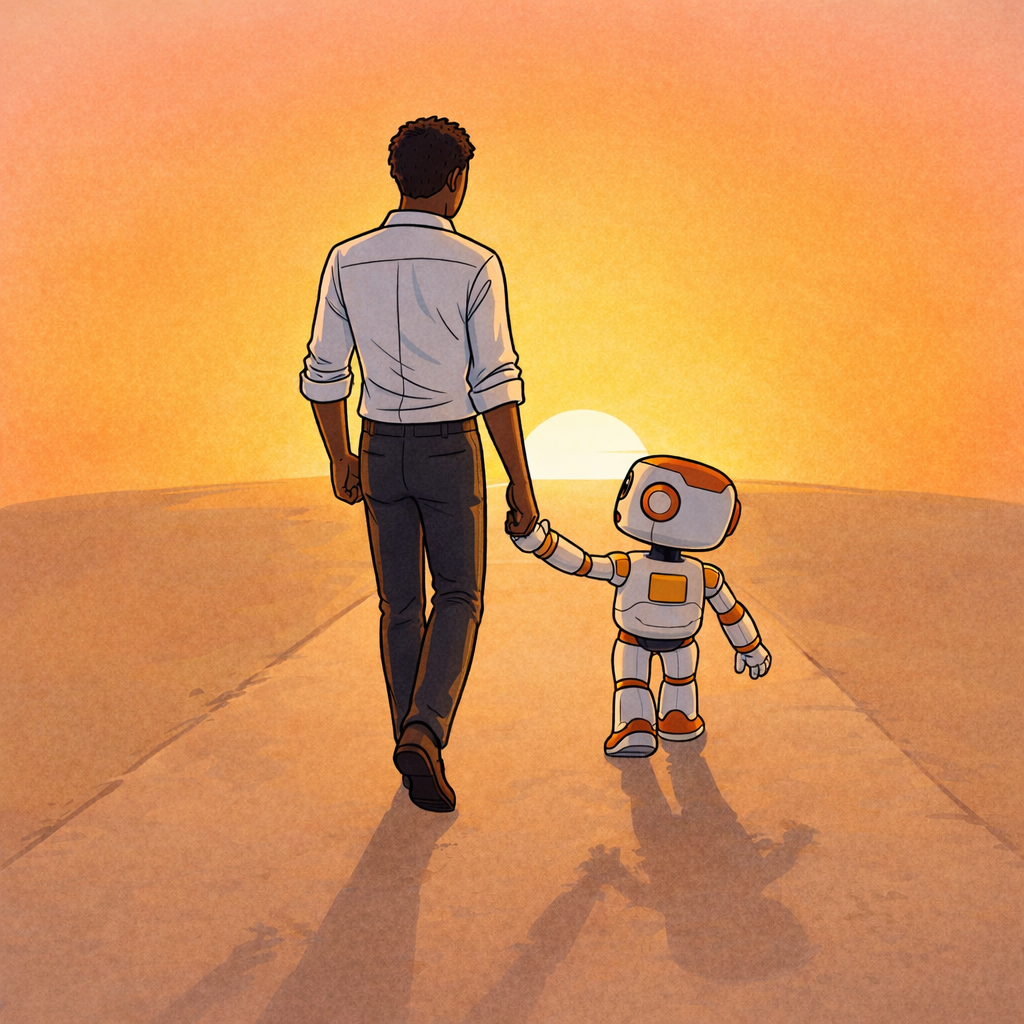 A man with one cybernetic arm stands at the edge of a cliff looking at a glowing question mark floating on the misty horizon