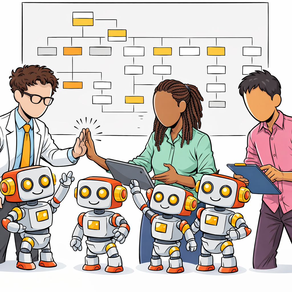 A diverse group of people collaborate with a team of Kromatic robots in front of a large organizational chart