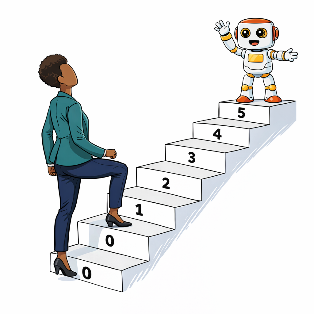 A woman stands at the bottom of a staircase with six steps, while a Kromatic robot beckons from the top