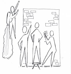 using a jet pack to conquer a wall while others stand and talk about solutions