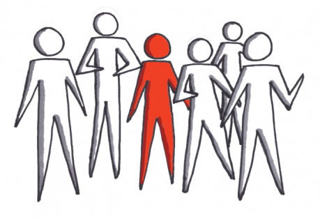 crowd with one person standing out