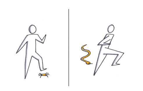 Two parts of illustration: Someone fighting a spider and someone runs away from a snake