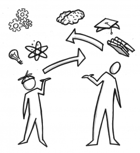 Younger and older person exchanging ideas