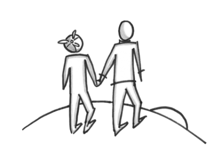 Younger and older person walking into the sunset