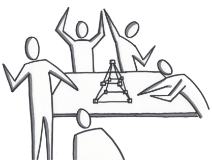 A group of people playing Marshmallow Problem game