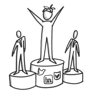 Younger person on winners podium with social media icons on it