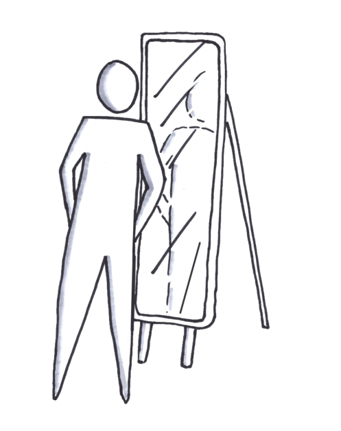 A person in front of a mirror, reflecting