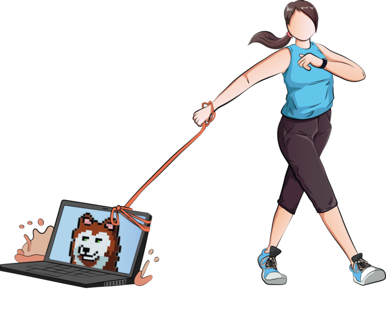 A woman is walking around with a digital dog.