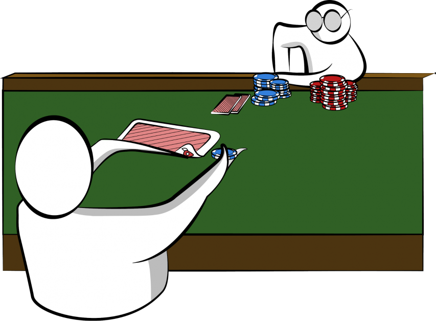 A poker player peeking at a flipped card