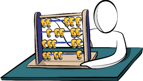 A person counting lightbulbs on an abacus