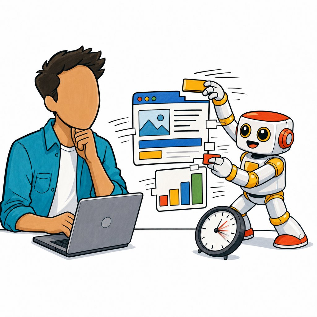 A cute Kromatic robot rapidly assembling a landing page and chart while a founder watches