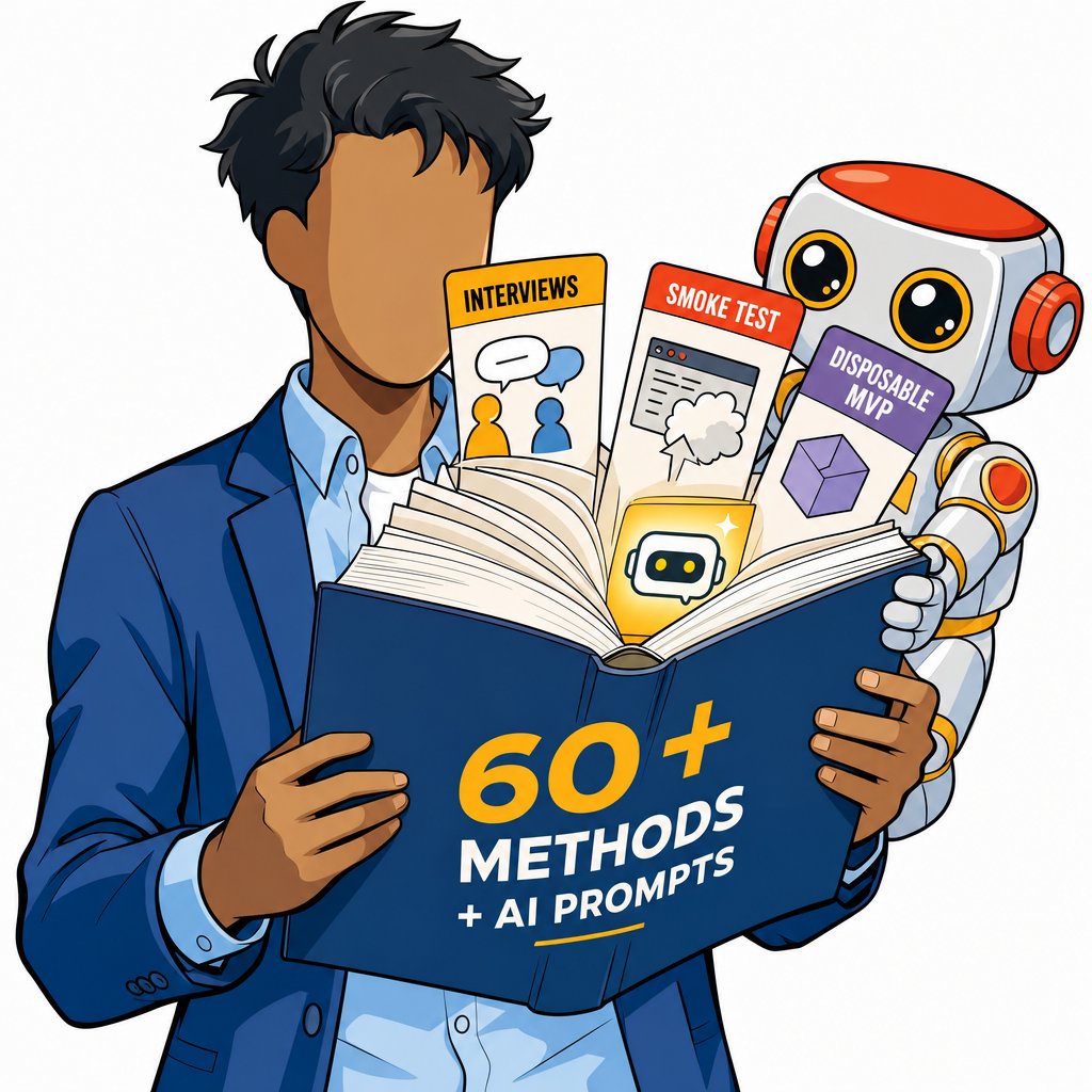 A book fanning out into labeled method cards with an embedded AI prompt