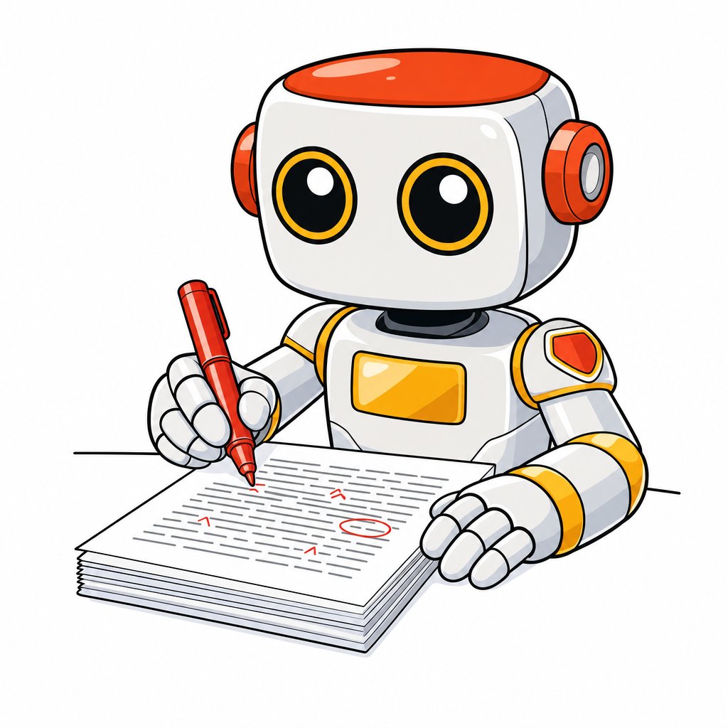 A cute Kromatic robot carefully editing a printed manuscript with a red pen