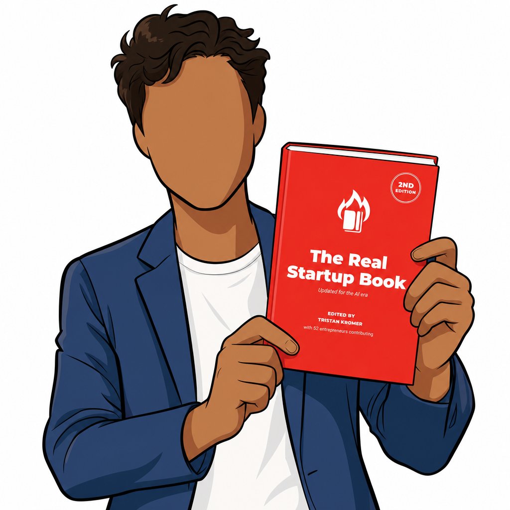 A founder happily opening the second edition to start reading, robot peeking over their shoulder