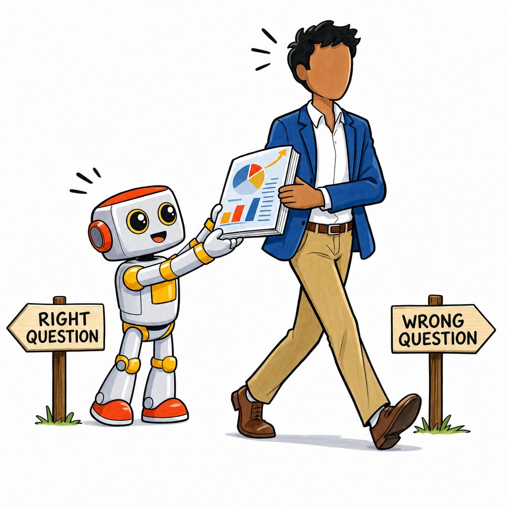 A founder pleased with a polished report from a cute Kromatic robot, but walking toward the wrong of two signposts