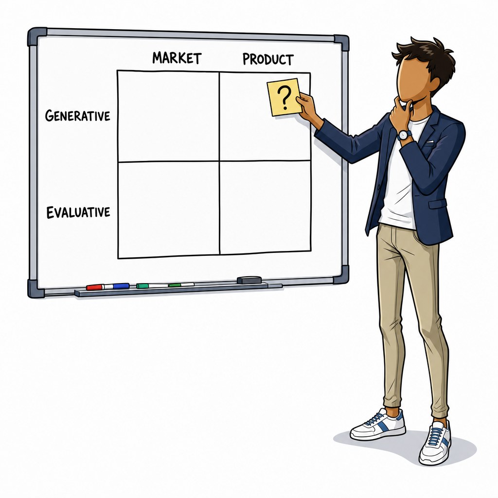 A founder placing a single question card onto a 2×2 grid — market vs. product across the top, generative vs. evaluative down the side