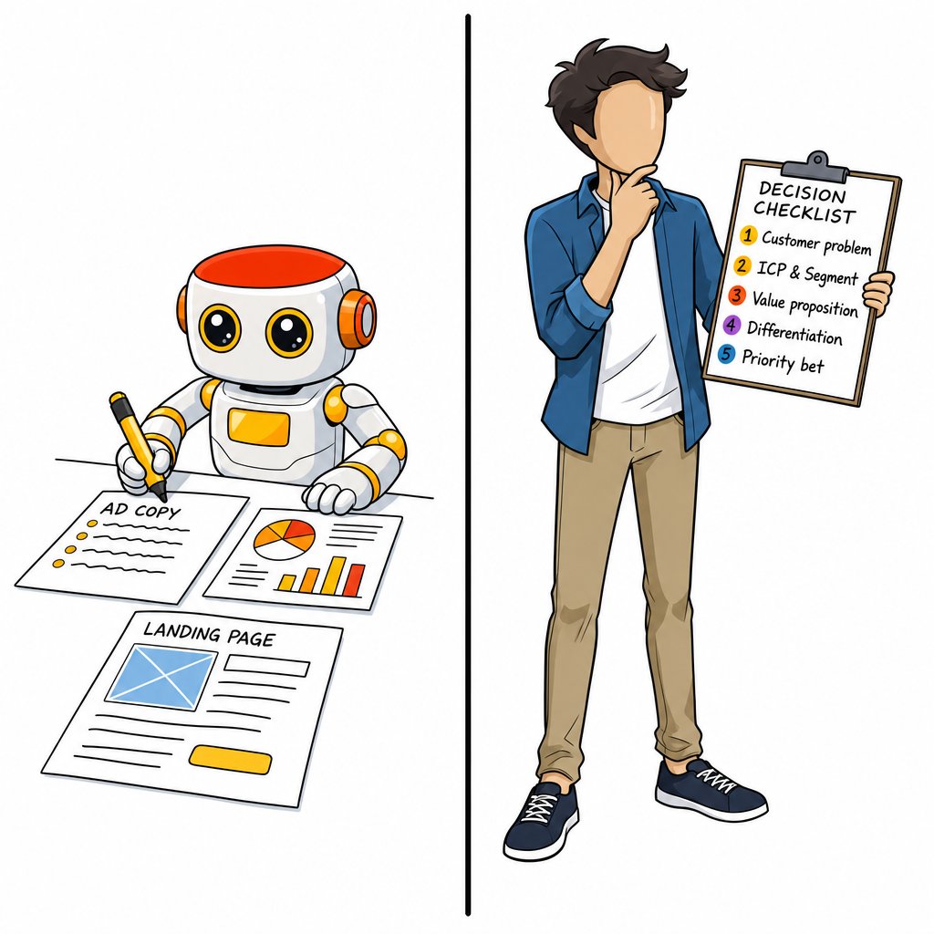 A dividing line: a cute Kromatic robot doing execution work on one side, a founder holding the checklist and deciding on the other