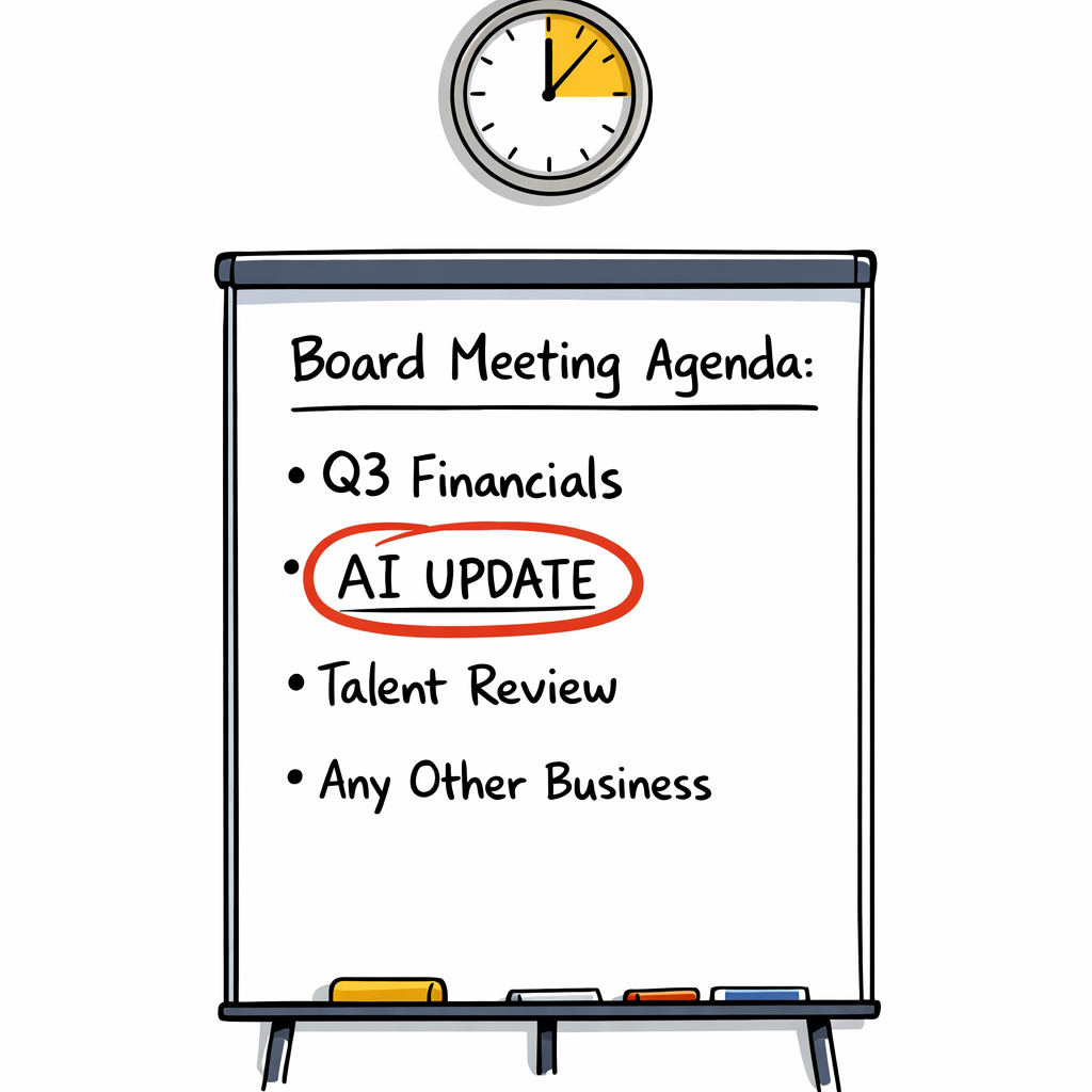 Board meeting agenda with 'AI UPDATE' boxed between Q3 Financials and Talent Review, under a wall clock showing a 20-minute slot