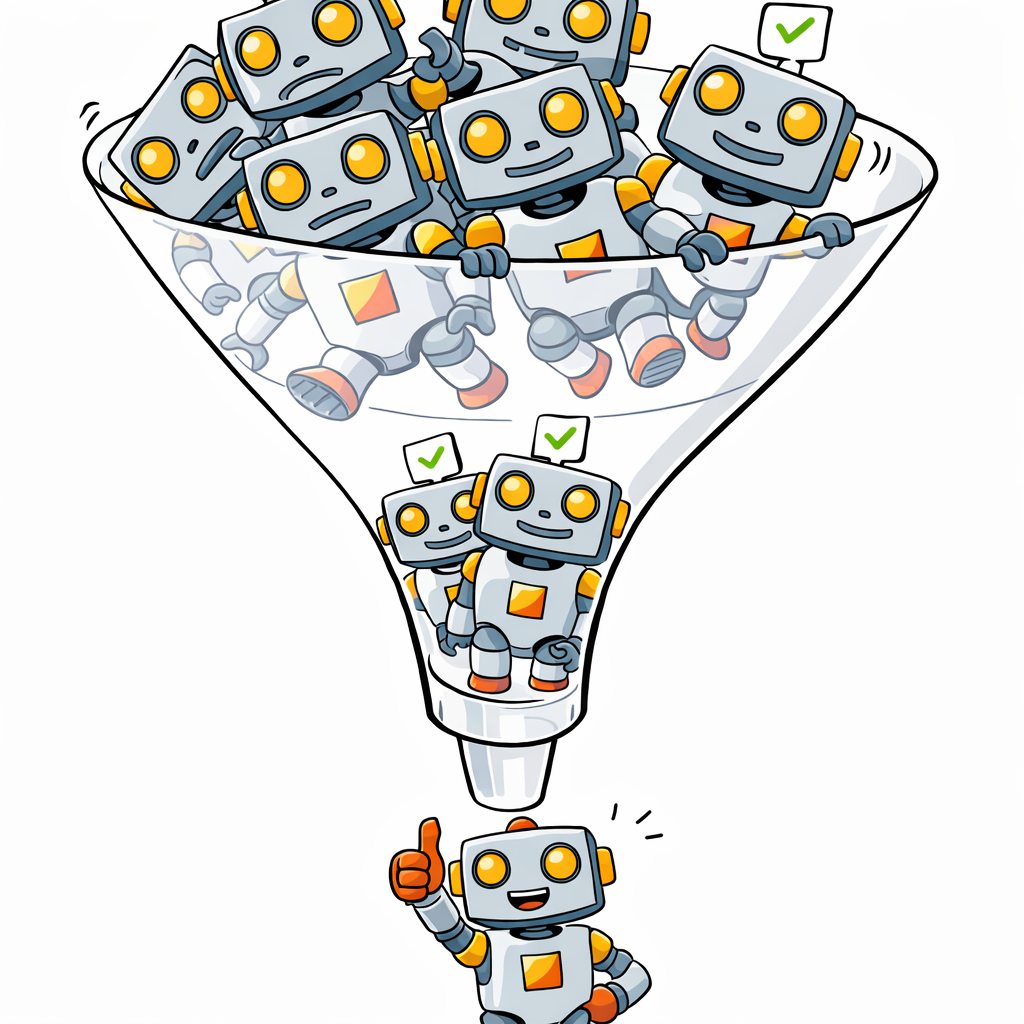 A translucent funnel: crowded cute Kromatic robots at the top, two checkmarked in the middle, one confident robot emerging at the bottom giving a thumbs-up