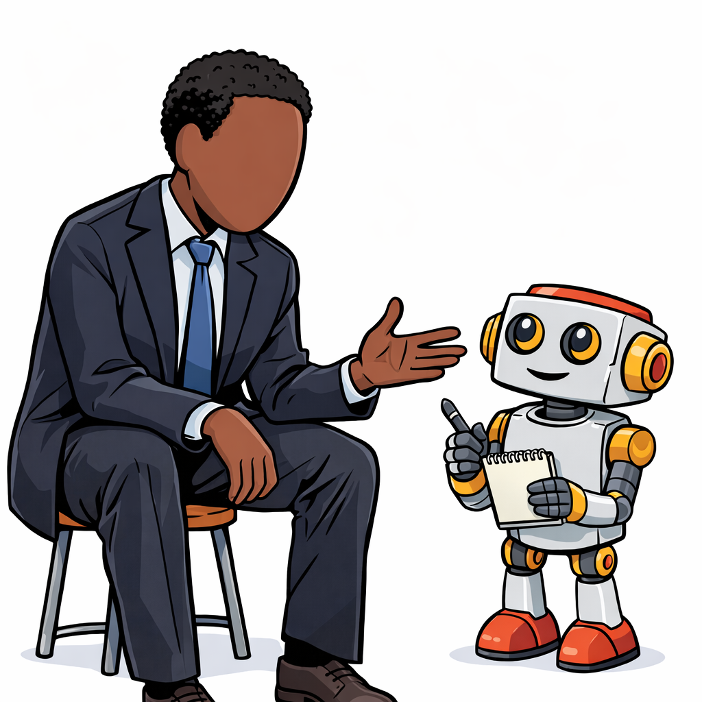 A CEO in a dark suit in conversation with the cute Kromatic robot at equal visual weight, partners rather than presenter and audience