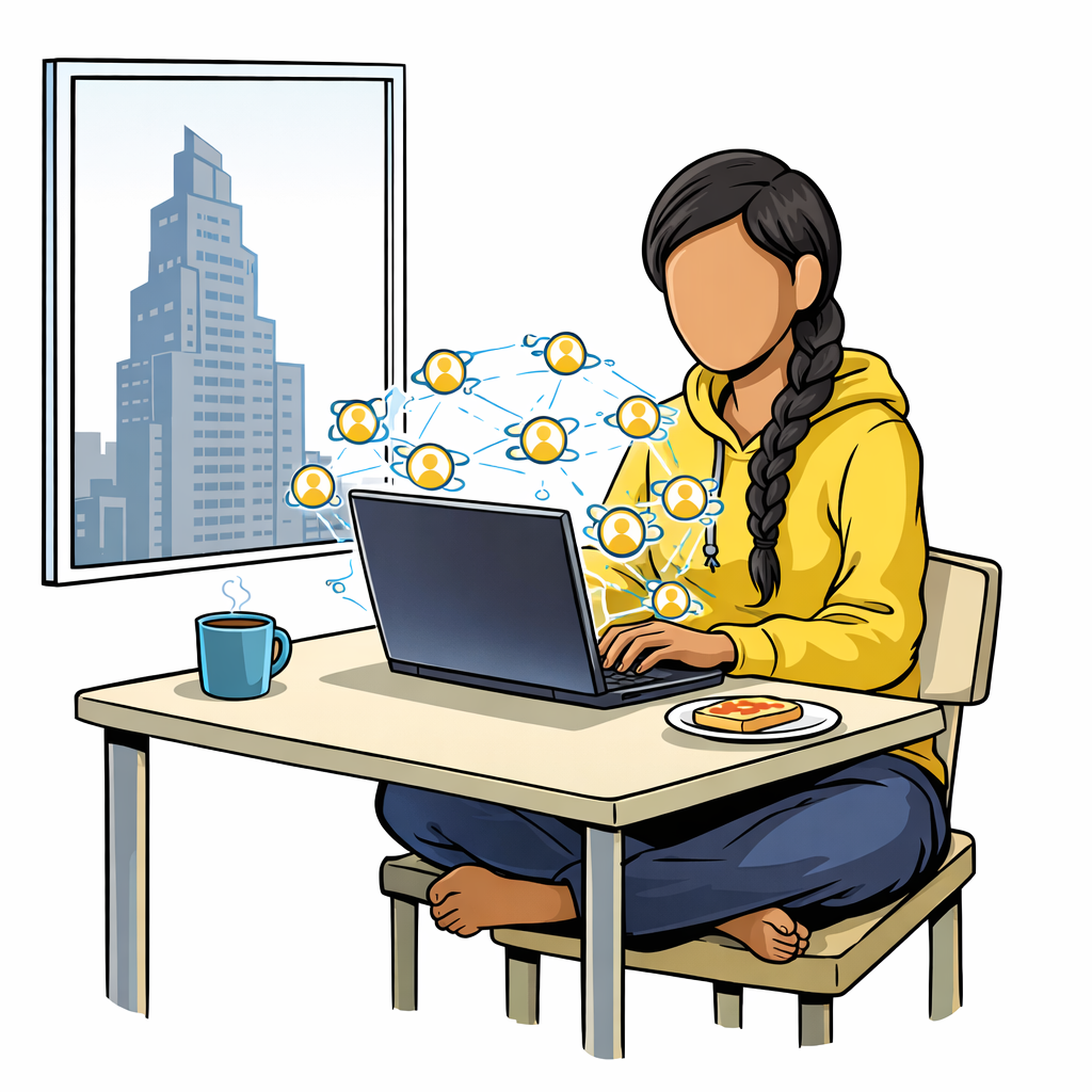 A young woman at a kitchen-table laptop surrounded by a halo of glowing AI agent icons, a corporate skyscraper looming through the window