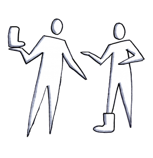 The customer and the interviewer with one half of boots on each of them