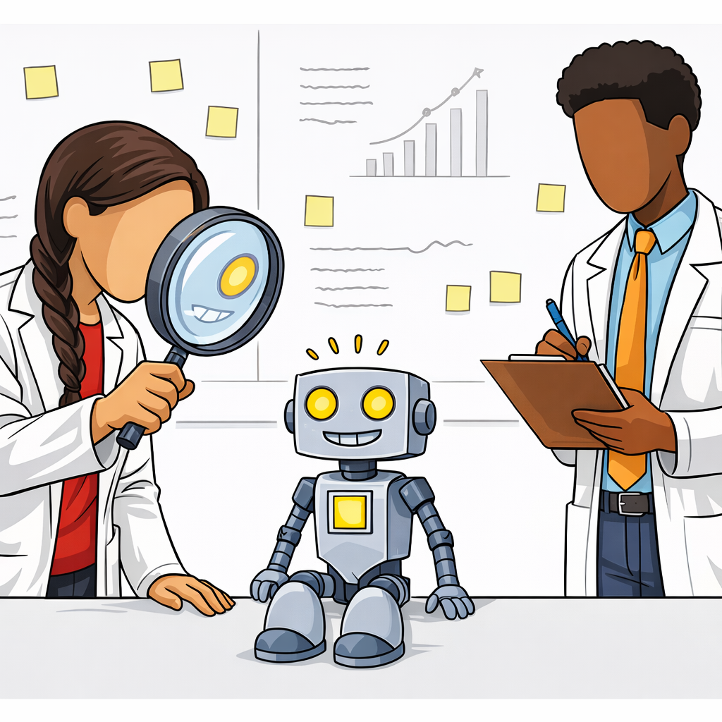 A person in a lab coat studies research papers while robots observe from behind glass, analyzing results