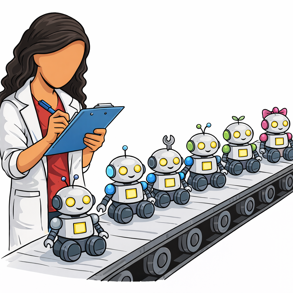 Robots work on a conveyor belt, each one producing research experiments that stack and compound on top of each other in a growing tower