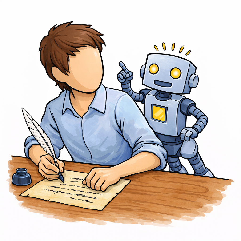 A person holds a quill while robots provide detailed written feedback, forming a learning loop between human and machine