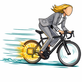 A suited figure pedals a bicycle at speed, its rear wheel hub replaced by a glowing AI chip
